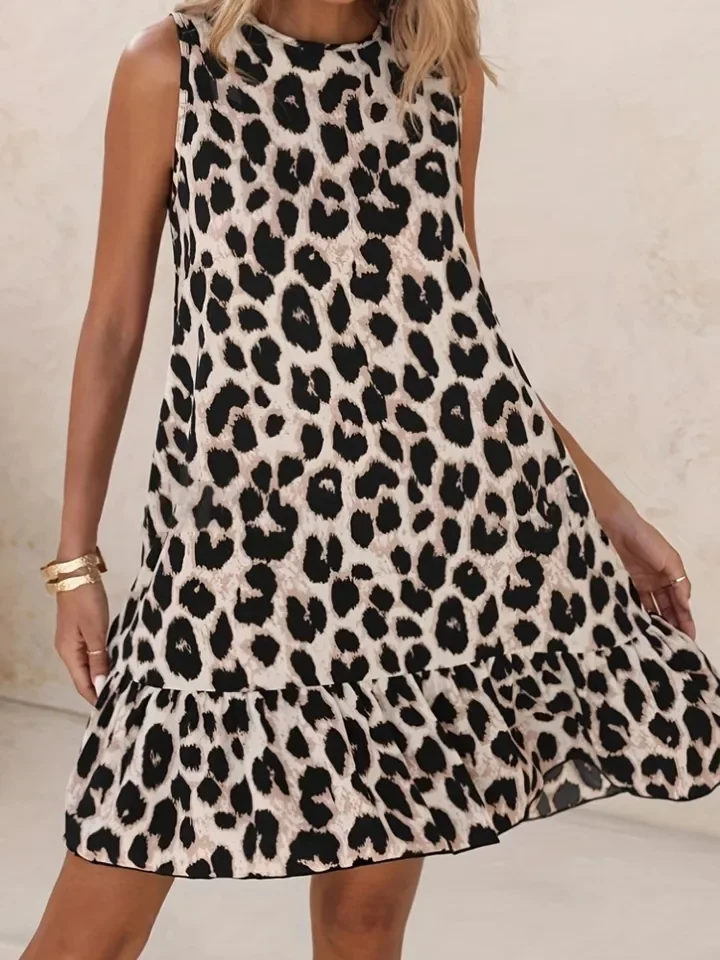 Abito vintage con stampa leopardata per donna Casual O collo senza maniche Pullover Abiti Lady Fashion Boho Holiday Beach Abbigliamento da donna