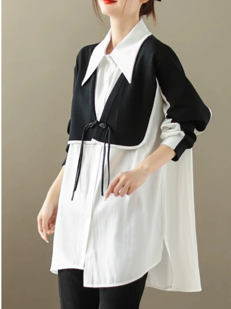 #3806 Spring 2024 False Two Piece Shirt Women Spliced Color Asymmetrical Shirt Loose Vintage Womens Tops And Blouses Black White