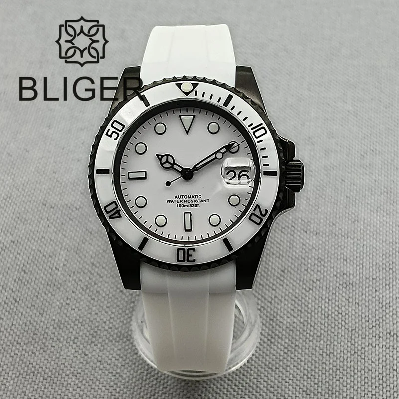 BLIGER 40mm NH35A Automatic Watch For Men White Ceramic Bezel  Black PVD Coat Case Green Luminous Date Magnified Rubber Strap