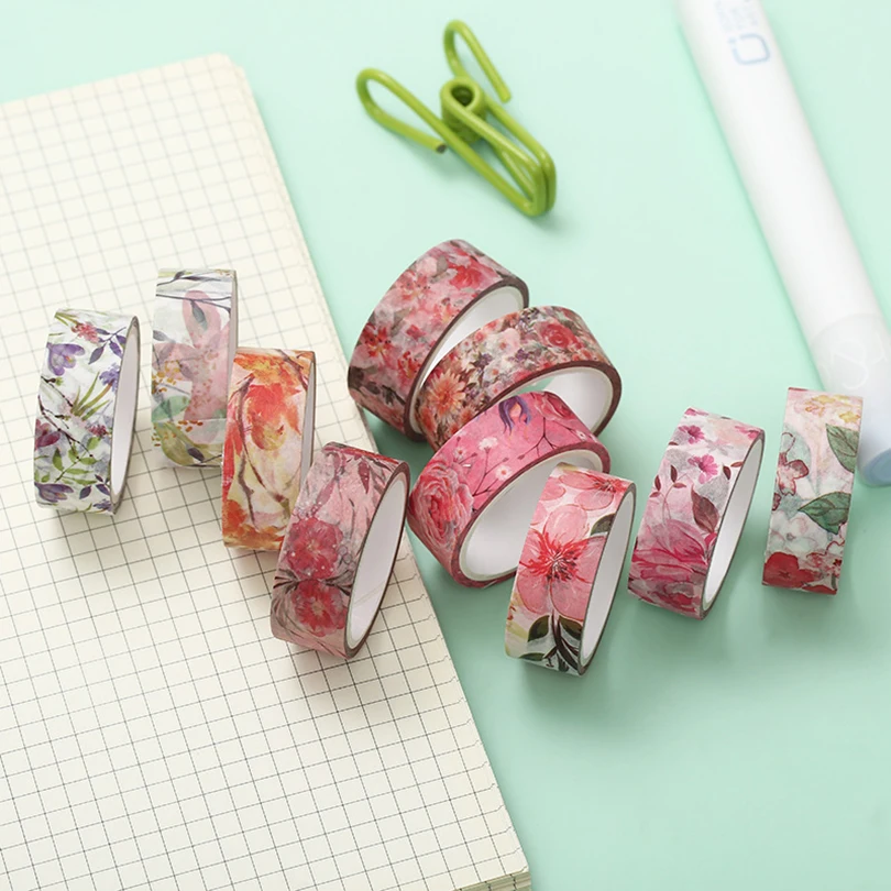 Juego de cintas Washi de flores para álbum de recortes, cinta adhesiva decorativa de 4m, suministros de papelería para diario, 10 rollos