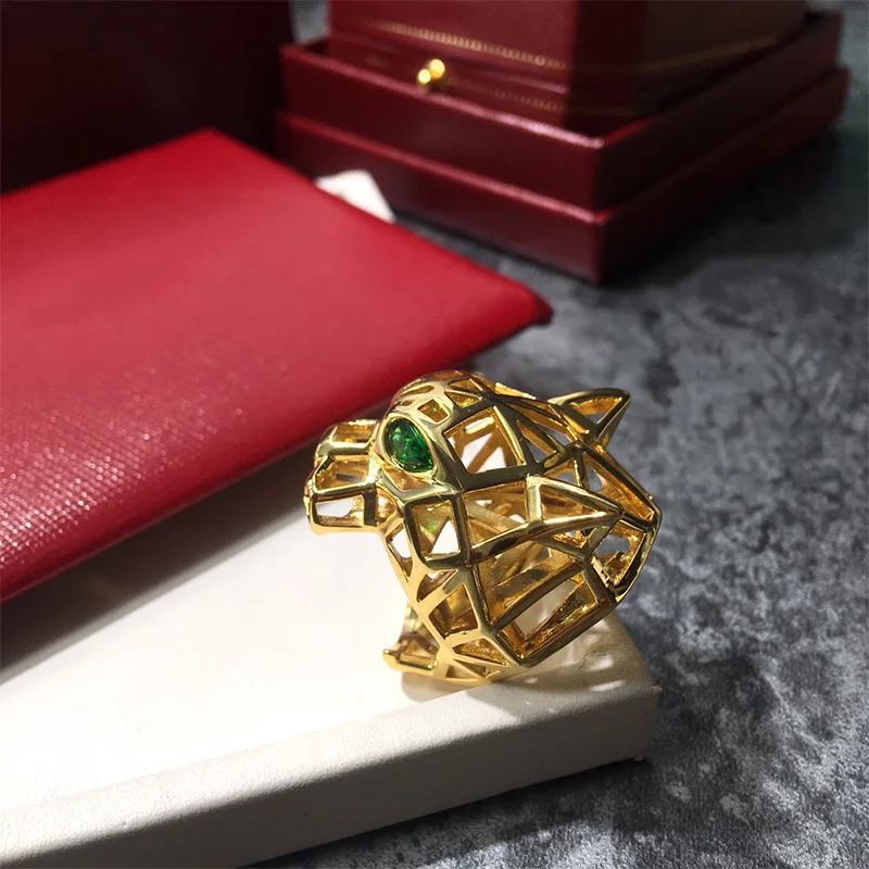 Top Quality Hyperbole Green Eye Crystal Stone Vacuum Plated Gold Stainless Steel Leopard Ring For Men Women Fashion Jewelry