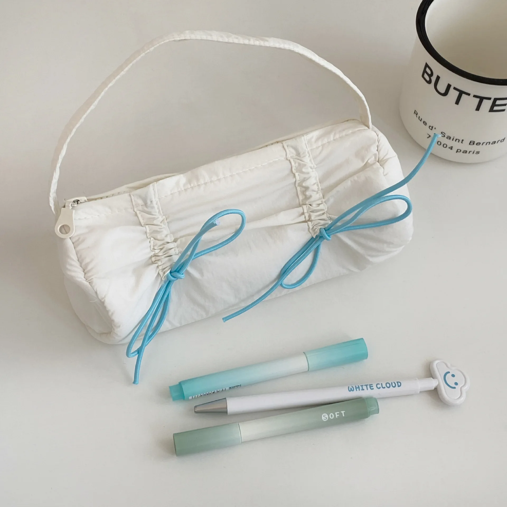 Korean Macaron Bow Pen Case Large Capacity Aesthetic School Stationery Organizer Hand Carry Pencil Bag for Girls Student Gift