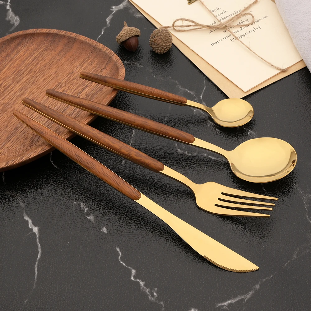 Gold Western Stainless Steel Cutlery 6/30Pcs Dinnerware Imitation Wooden Handle Tableware Knife Coffee Spoon Fork Flatware Set