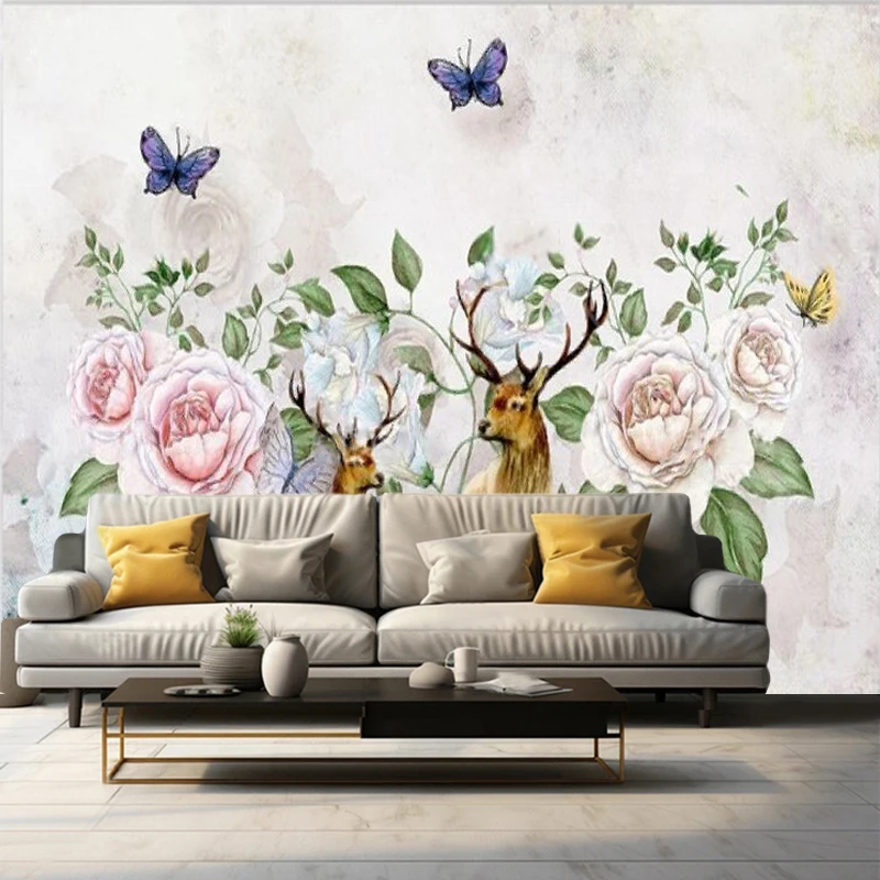 Modern Nordic Romantic Floral Elk Butterfly Living Room Sofa Vintage Cabinet Corridor Exhibition Hall Wall Decoration Painting