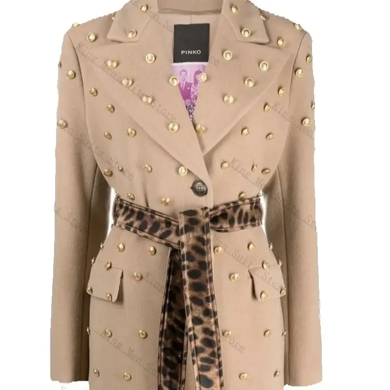 

Cashmere Women Suit 1 Piece Long Blazer Prom Dress Belted Gold Button Customized Winter Formal Office Wedding Tuxedos Overcoat