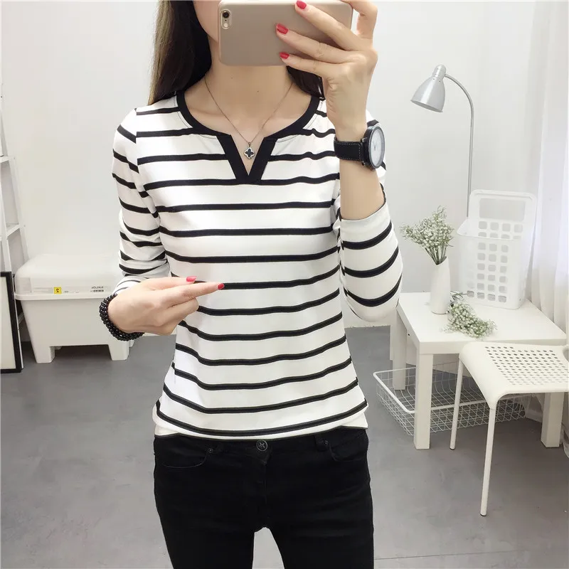 Autumn Winter Women's T-shirt Women Loose Long sleeves V-Neck Shirt Ins Inner wear Korean Fashion Black White Stripe Top