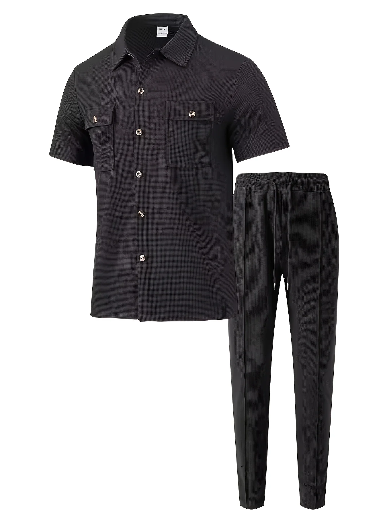 Men's Spring and Autumn Top New Solid Color Button Pocket Shirt Men's Casual Shirt Short Sleeve Pants Set - view 4