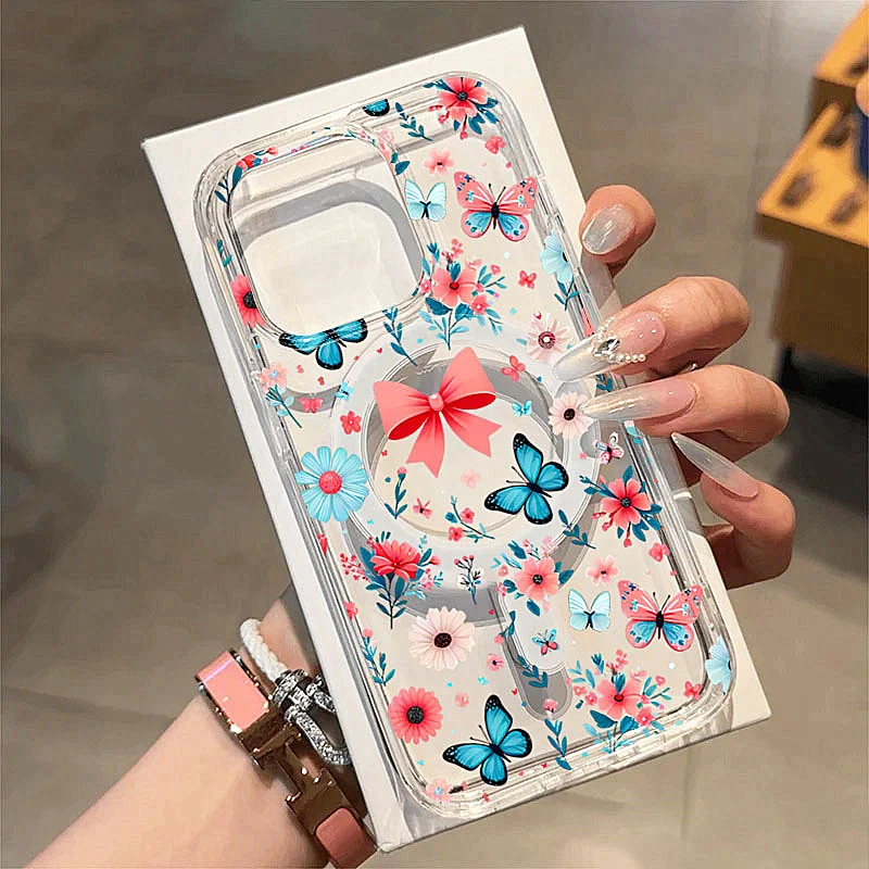 

Flowers Butterflies Phone Case For iPhone 16 15 Pro Max 16e 14 13 12 Pro Max 11 XS X XR 7 8 Plus SE 2022 Magnetic Clear Cover