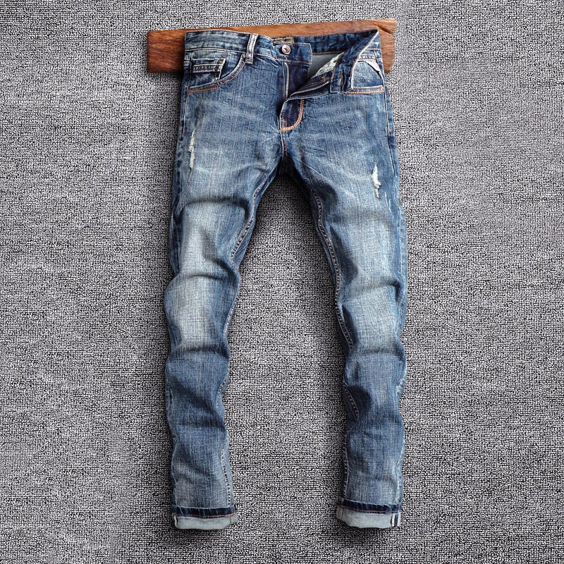 

Fashion Designer Men Jeans High Quality Retro Washed Blue Stretch Slim Fit Ripped Jeans Men Vintage Y2K Denim Pants Hombre
