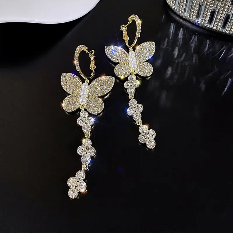 Accessories for Women Temperament Shiny Zircon Butterfly Long Earrings for Women Fairy Tassels Exaggerated Versatile Earring