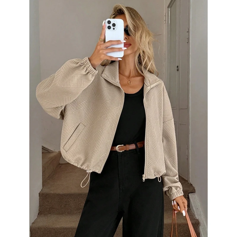 Women's Fall Casual Stand Collar Jacket Casual Solid Color Jacquard Long Sleeve Zip Up Loose Fit Drawstring Hem Coat Streetwear