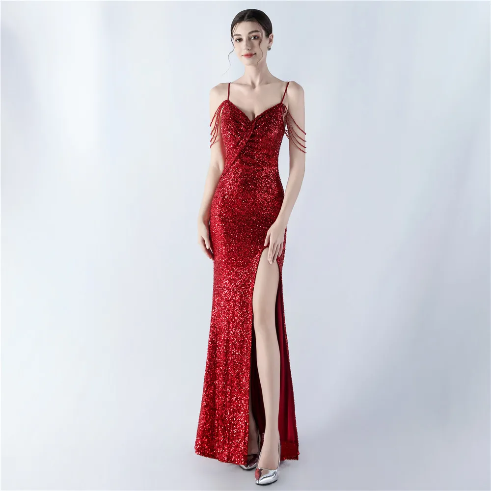 Sladuo Women's Elegant Bodycon Spaghetti Straps Sequin Slit Maxi Dress Sparkly Glitter Evening Wedding Club Party Dresses