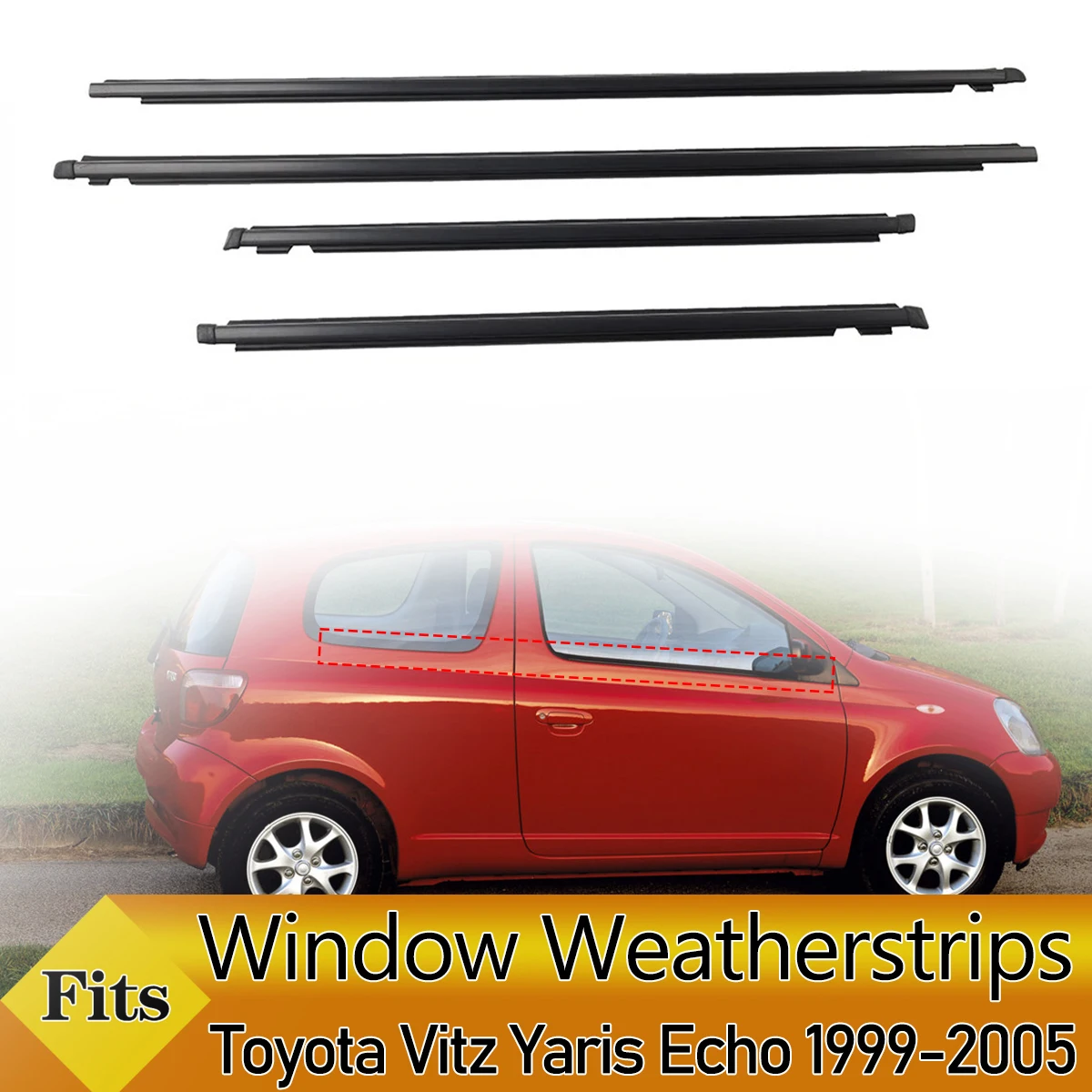 4PCS Outer Windows Rubber Weatherstrip Waterproof Pressure Sealing Belt Moulding Trim For Toyota Vitz Yaris Echo 1999-2005