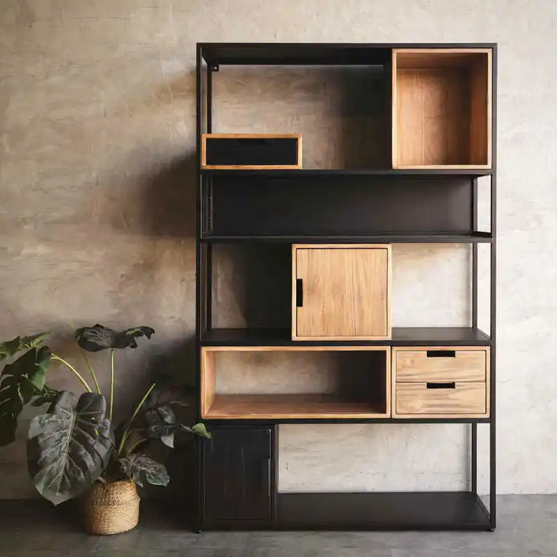Nordic living room partition rack display stand office storage simple industrial style solid wood wrought iron