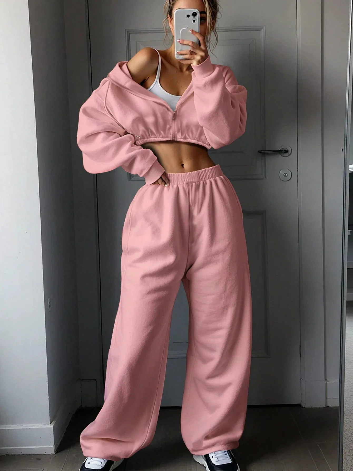 DSMTRC 2025 Autumn Ladies Casual Sport Two Piece Matching Sets Hoodies Crop Top+Sweatpants Pants Suits Black Club Outfits Woman
