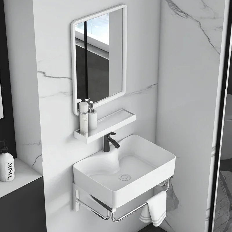 

Simple Wall Mounted Washbasin Porcelain White Bathroom Vanity Mirror Integrated Basins with Sinks Hotel Bathroom Furniture