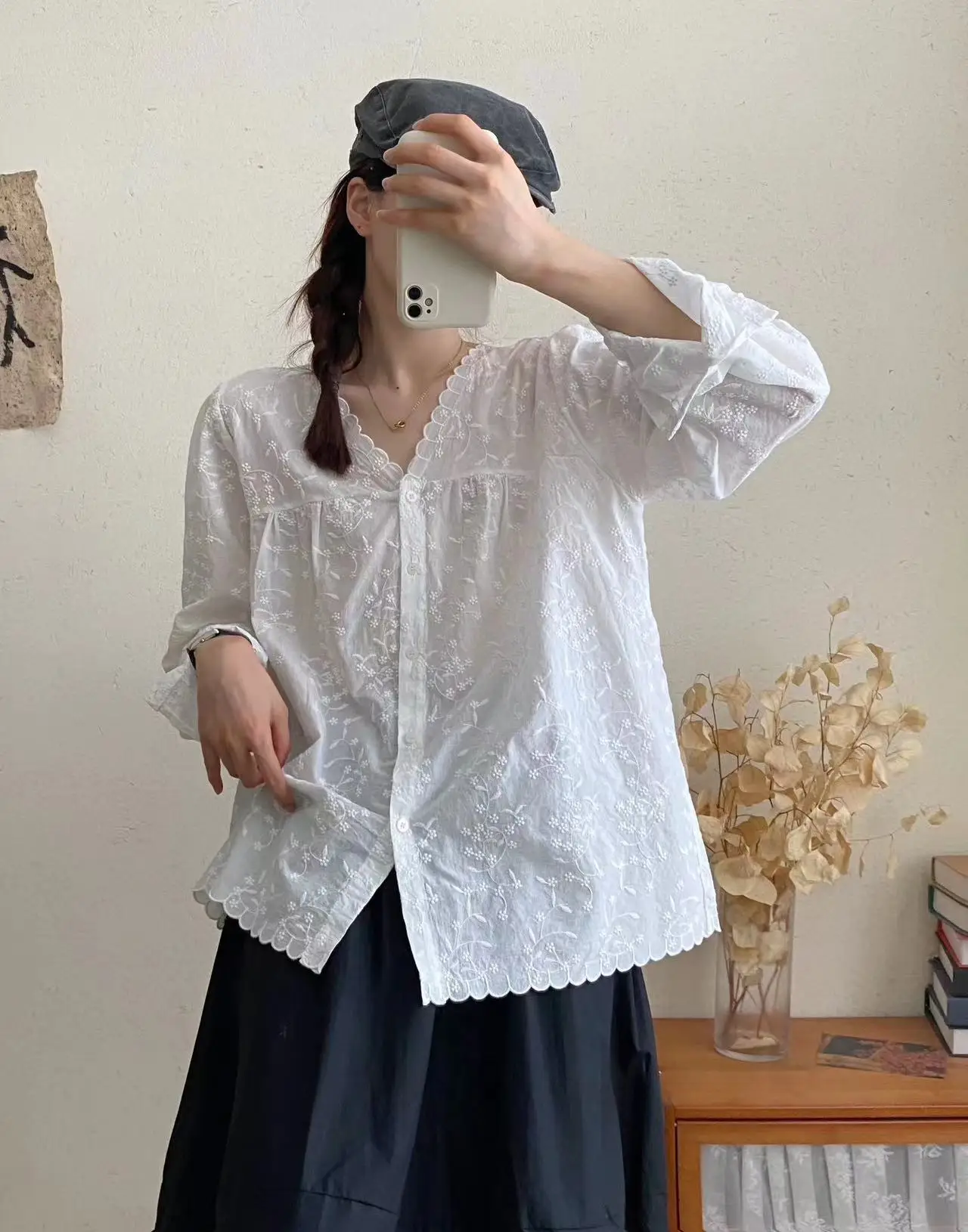 New 2025 Autumn Long Sleeve Cotton Shirt, Women V Neck Floral Embroidery, Mori Girl Retro Temperament Chic Loose Blouse T59878CC