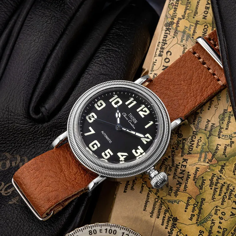 THORN Men's Vintage Pilot Watch 41mm Black Dial Sapphire Coin Bezel PT5000 Automatic Movement 10Bar Water Resistant C3 Lumed