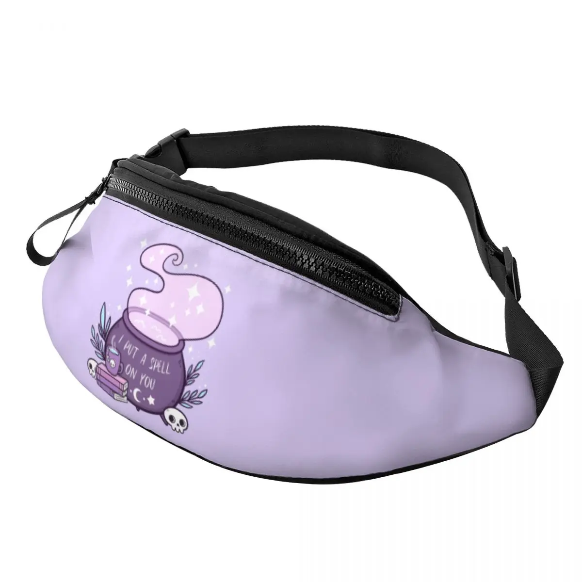 

Custom Witch Cauldron Fanny Pack for Travel Hiking Women Men Halloween Occult Gothic Skull Crossbody Waist Bag Phone Money Pouch