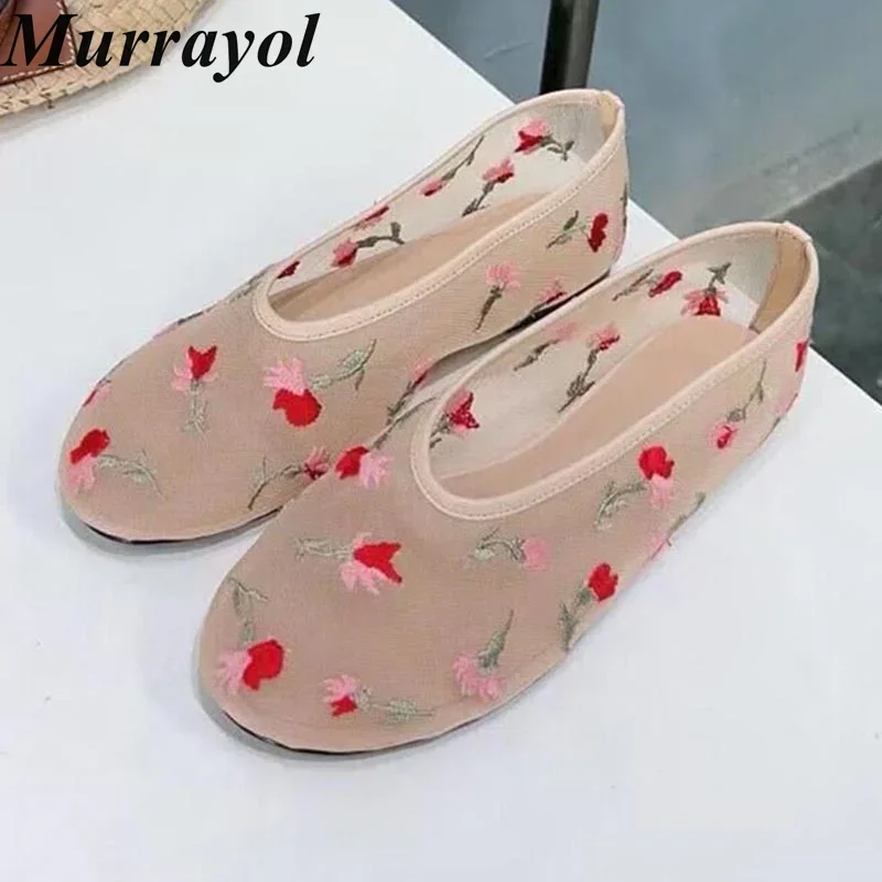 Round Toe Mesh Ventilation Flat Shoes Women's Flower Design  Mary Jane Shoes Summer Vacation Lightweight Shoes Lazy Loafers