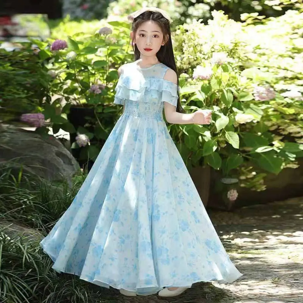 Sweet Loose Girls Chiffon Floral Dress Pleated Party Summer Dresses Beach Vacation Teenagers Children Princess Dress Students