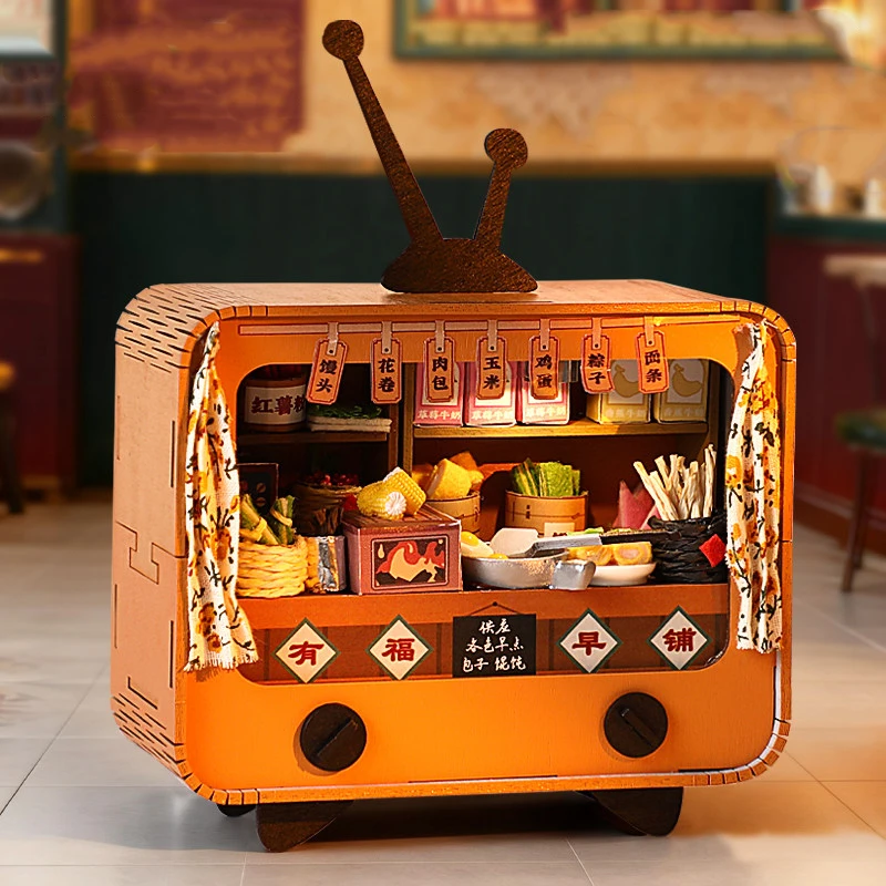 DIY 3D Holzpuzzle Mini-TV-Laden Chinesischer Getränkeladen Miniatur-Modellbausatz Montage-Puzzle für Freunde Geburtstagsgeschenke