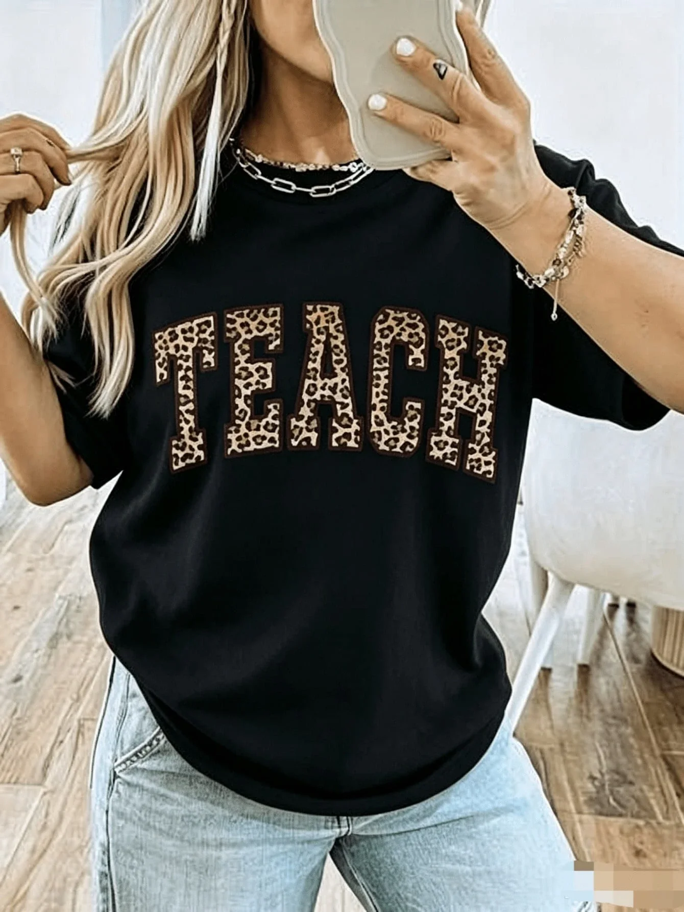 Women's Leopard Print Teacher T-Shirt - Comfortable Round Neck, Short Sleeves, With 
