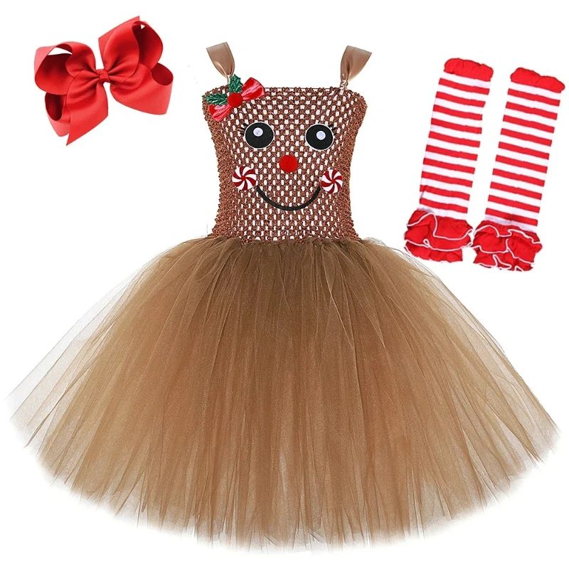 Brown Gingerbread Man Costumes for Girls Christmas Tutu Dress for Kids Xmas Cartoon Cookie Outfit Children New Year Clothes Gift