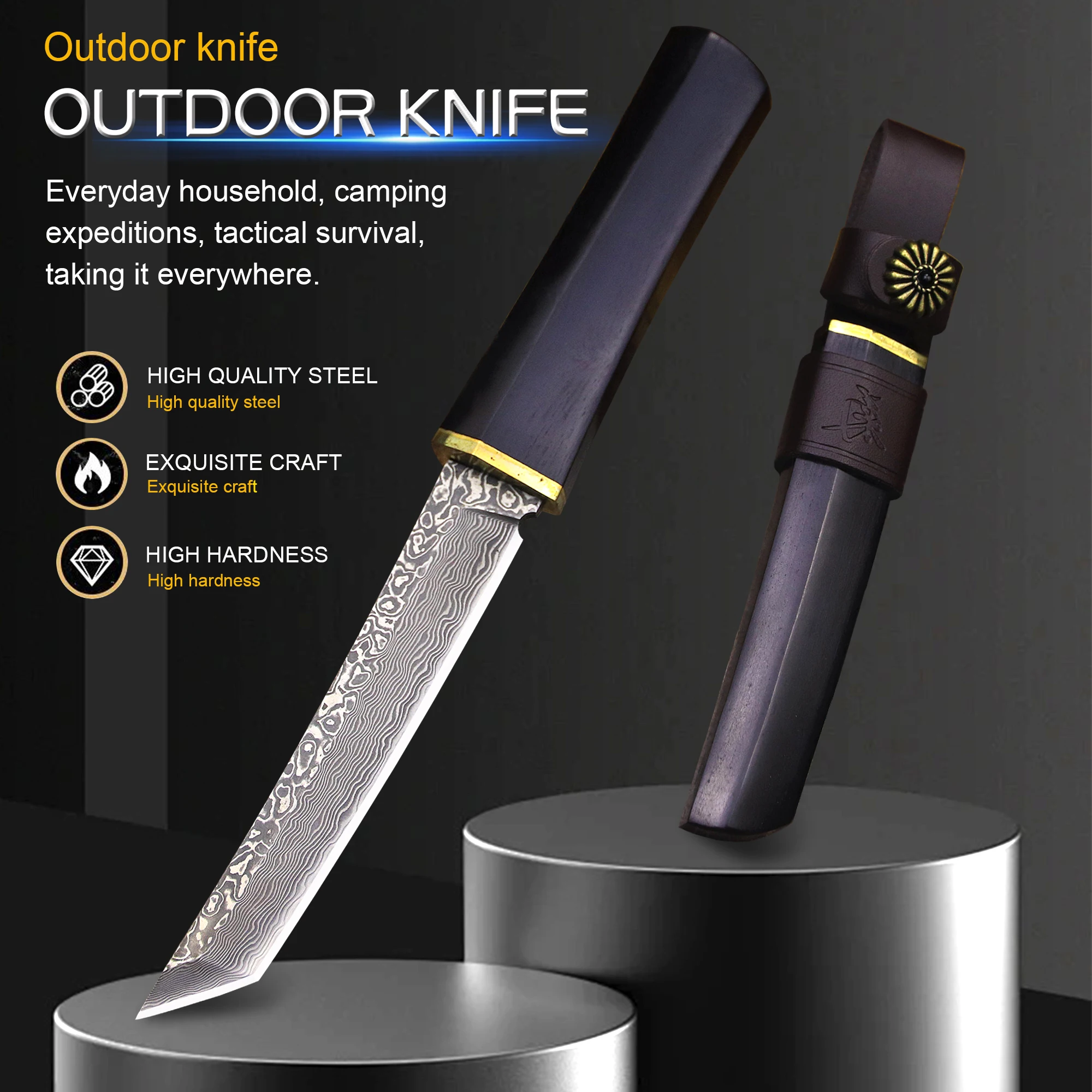 

Дамасский нож высокой твердости VG10, маленький прямой походный портативный резец из черного дерева для кемпинга