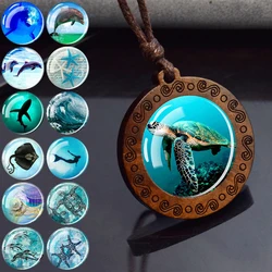 Turtles Dolphins Necklace Blue Sea Marine Animals Glass Dome Vintage Wooden Pendant Rope Chains Necklace Women Men Cute Jewelry
