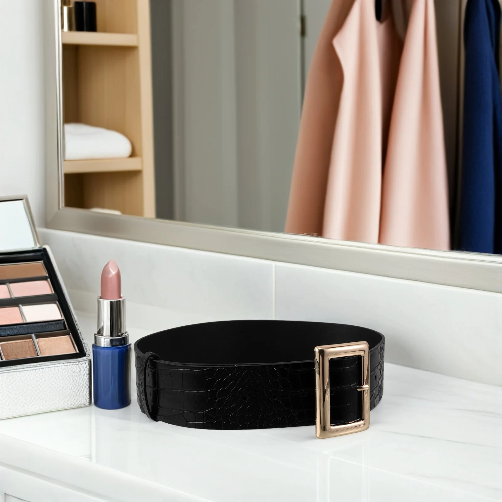 حزام خصر نسائي أسود مزيف بإبزيم مربع قابل للتعديل حزام مشد عتيق عريض حزام فستان أنيق للمساء غير الرسمي #2