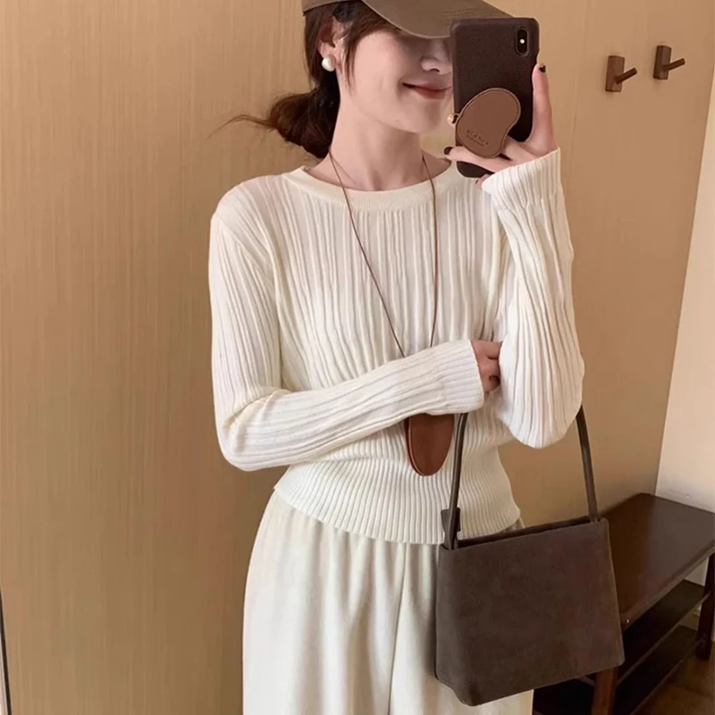 

2025 Autumn New Waist Cinched Sweater Pullover Women Korean High Stretch Knitted Sweaters Woman Casual Ribbed O-Neck Jumpers