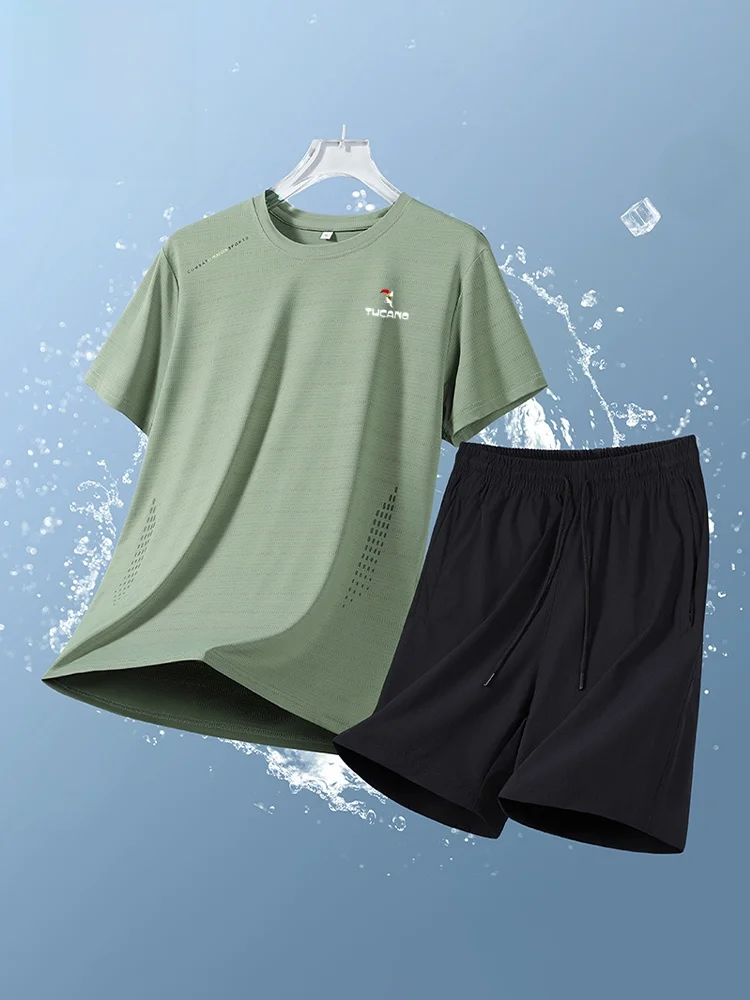 

Ice Silk Qui Dry Sports Set Men's Summer ort Sve T-irt Trendy Mid-aged Casual orts Two-piece Set Polyester Fiber