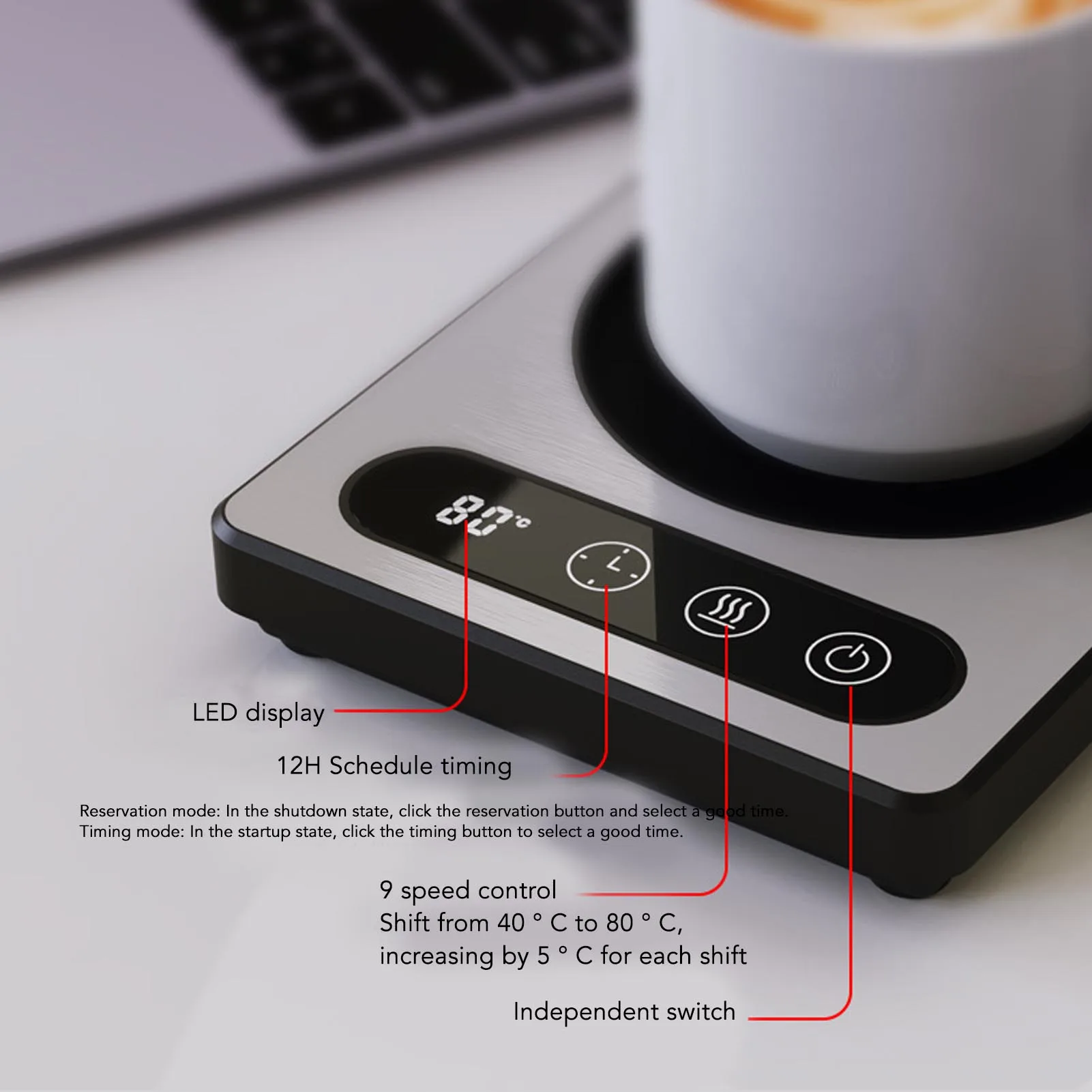 Aquecedor de caneca de café inteligente 36W Controle de toque Aquecedor eletrônico com temporizador de 12h para café, chá, leite e chocolate quente