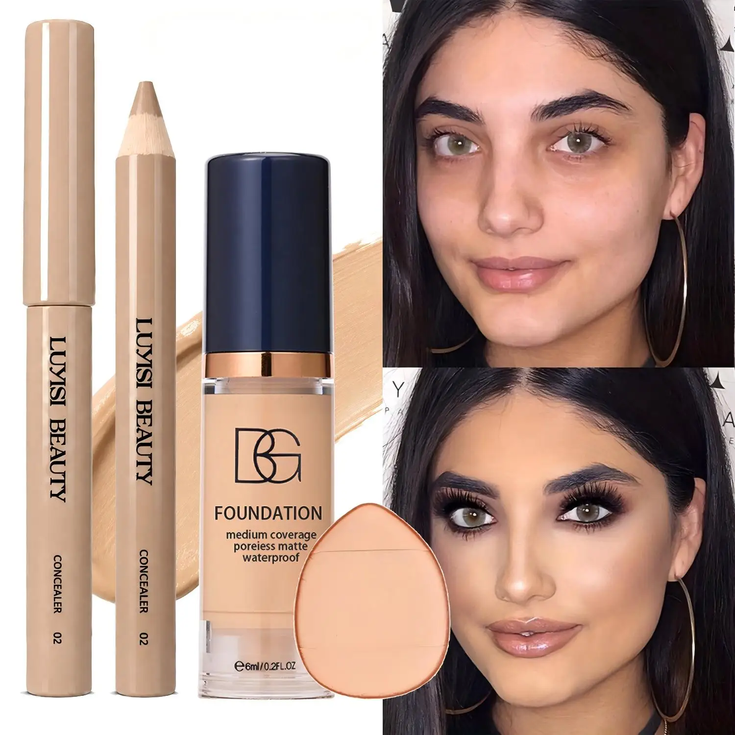 3-teiliges Gesichts-Make-up-Set: Concealer-Stift + flüssige Foundation + Puderquaste. Makelloses Basis-Kosmetikset, vollständige Abdeckung, langanhaltend, natürlich.