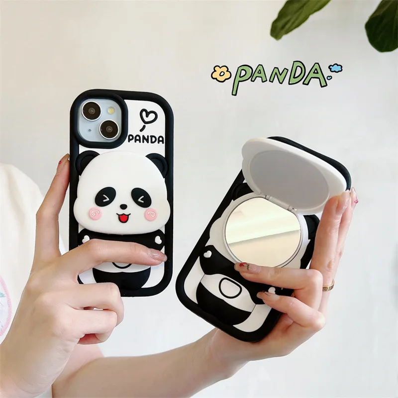 Ins süße Cartoon Panda Flip Spiegel Halterung weiche Silikon Handytasche für iPhone 15 14 13 12 Pro Max stoßfeste Schutzhülle