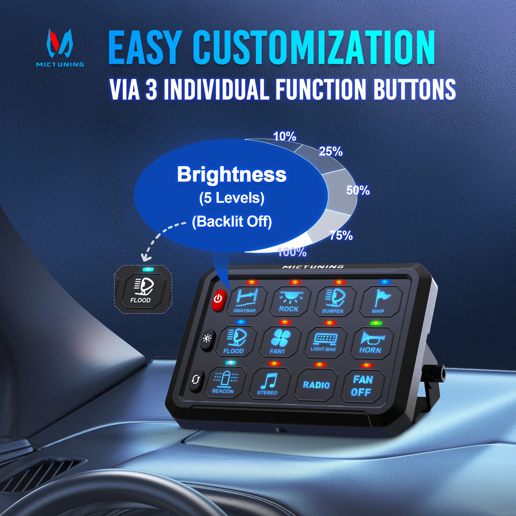 MICTUNING P1B RGB اللون والأزرق أحادي اللون 8-Way و12 اتجاهًا، مفتاح تبديل متعدد الوظائف مقاس 5 بوصات مع صندوق التحكم #3