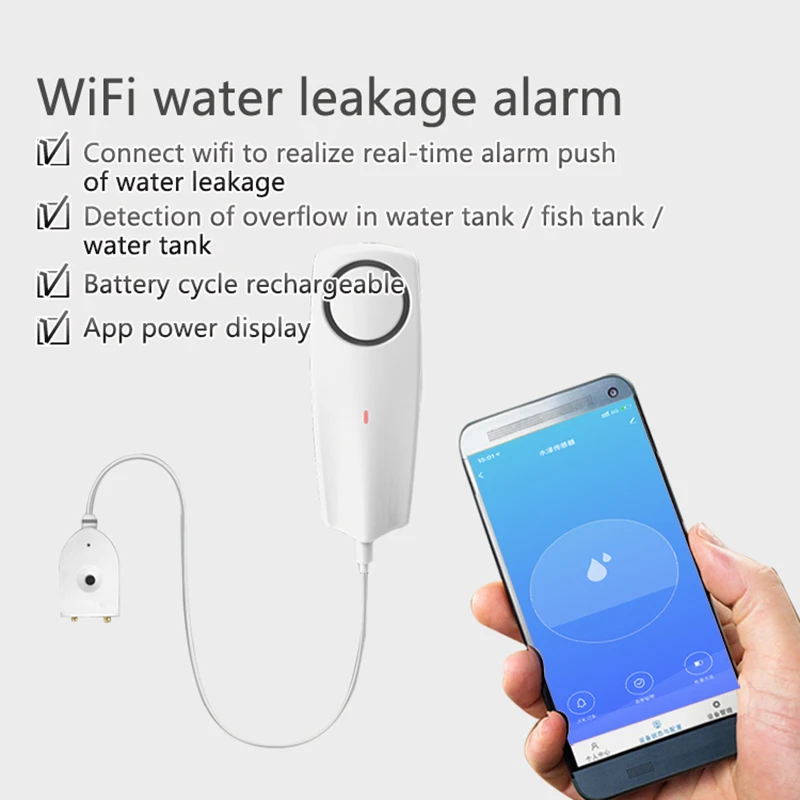 

Tuya WiFi Water Leak Detector Sensor Rechargeable Battery 80dB Alarm Remote Monitoring via App