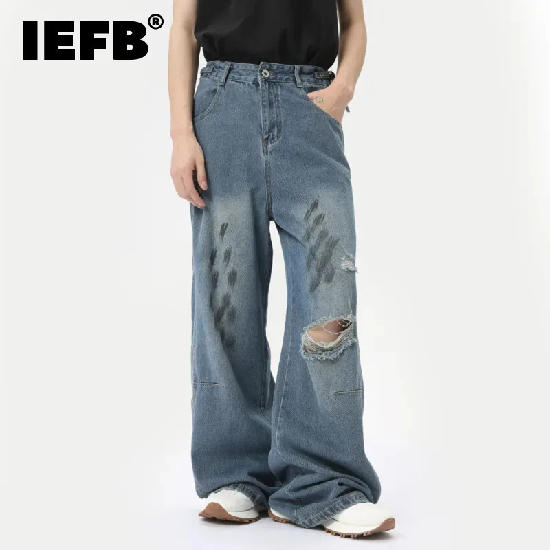 

IEFB High Street Men's Jeans Loose Vintage Worn-out Holes Wide Leg Dirty Printing Straight Denim Pants Autumn 2024 New 9C6304