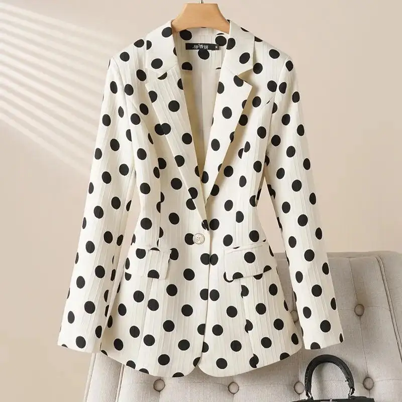 Spring Autumn Suit Jacket Women's New Design Wave Point Suit Top Round Dot Beige Outer Coat Temperament Outerwear Female