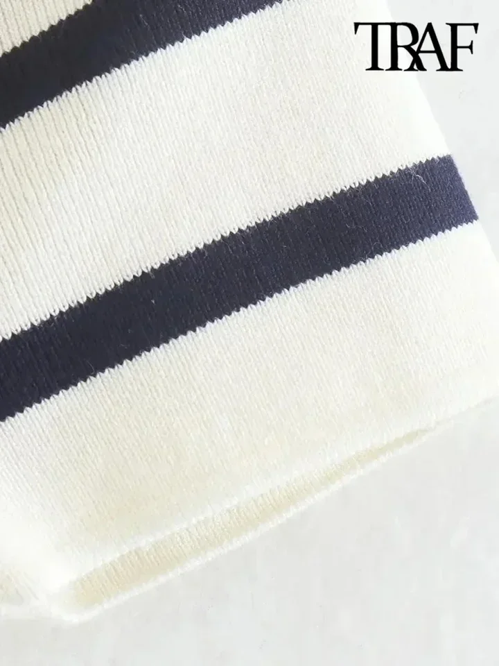 Women Fashion Striped Basic Cropped Knit Sweater Vintage O Neck Short Sleeve Female Pullovers Chic Tops
