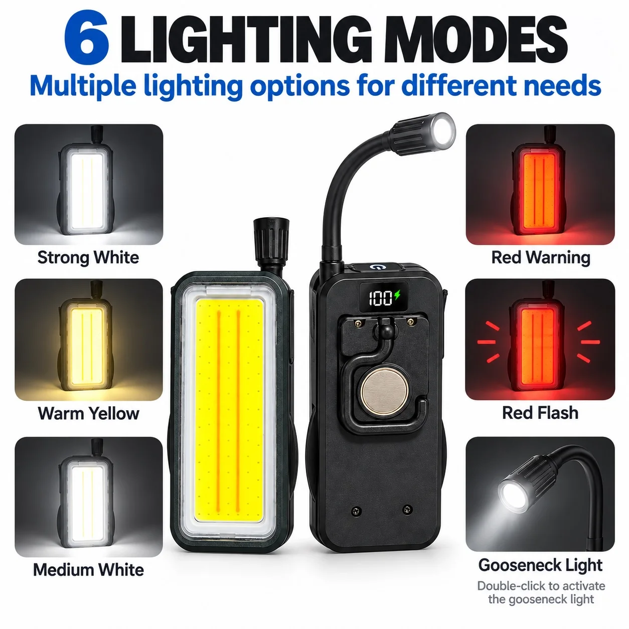 Auto Repair Work Light, Magnetic Inspection Light, Cob Strong Light Lamp, USB Rechargeable Maintenance Lighting Lamp, Bendable Gooseneck Lamp Head, Digital Power Display, 6 Modes, Red Light Warning, Car Repair Light, Workshop Work Light, Emergency Camping Light, New Magnetic Work Light, Auto Repair Inspection Light, Cob Strong Light USB Rechargeable Bendable Gooseneck Lamp Head with Digital Power Display, 6 Lighting Modes, Warning Light for Car Repair