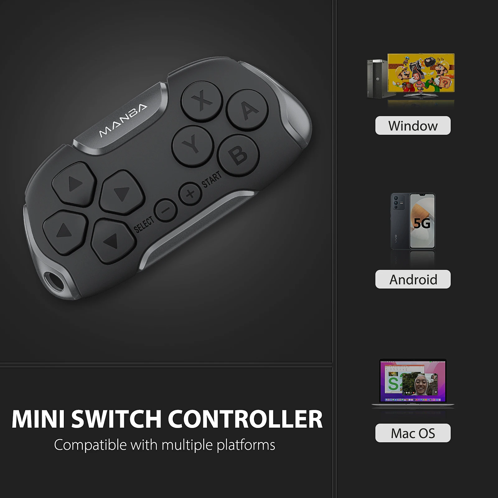 Mini Wireless Controller, Remote for Anki,Switch/OLED, Windows,MacOS and Android with Cable and Strap,Designed for Classic Games