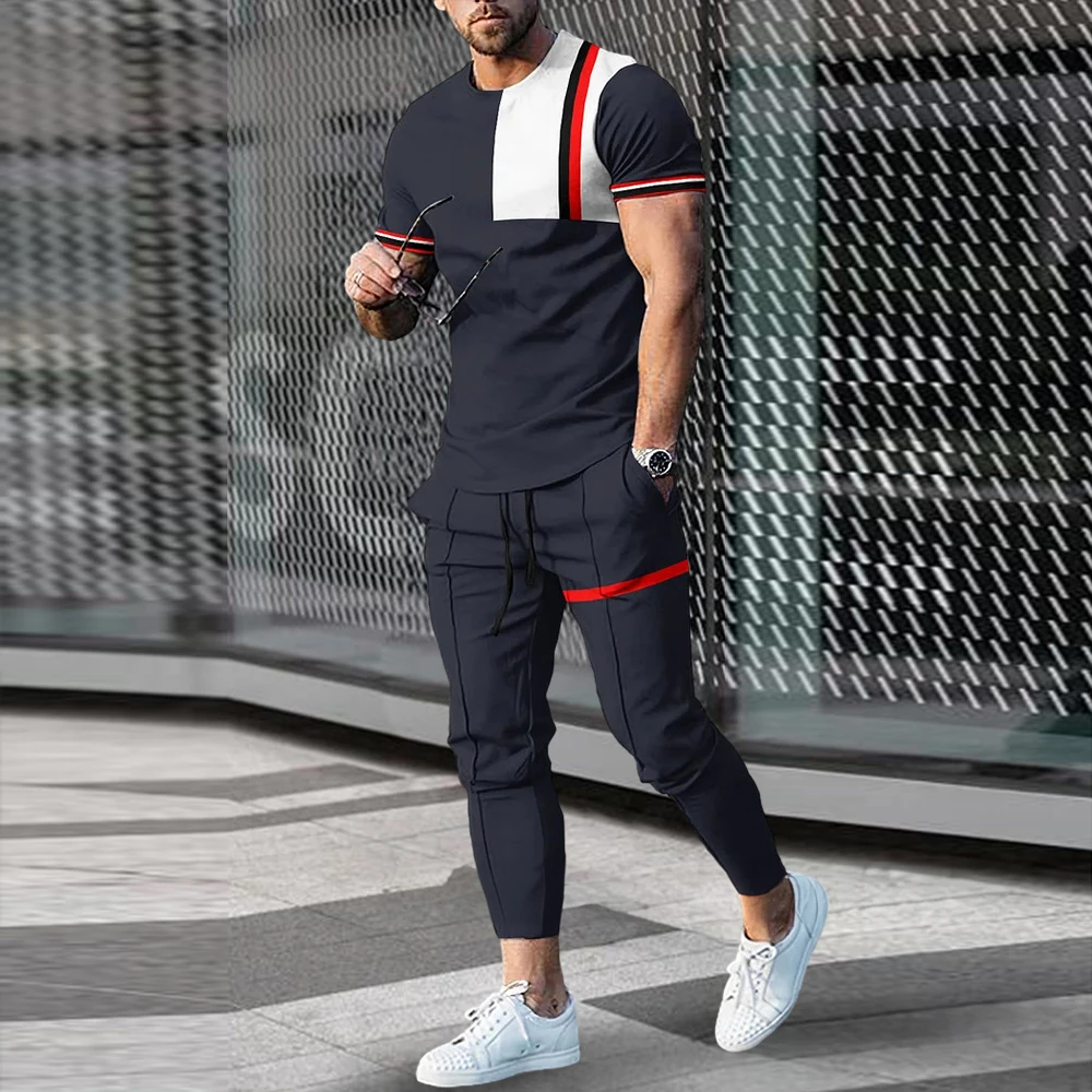 Men Summer T Shirt Pants Sets Print Tracksuits Oversized T-shirts Sweatpants Suits Male Sportswear Trousers Outfits Men Clothing