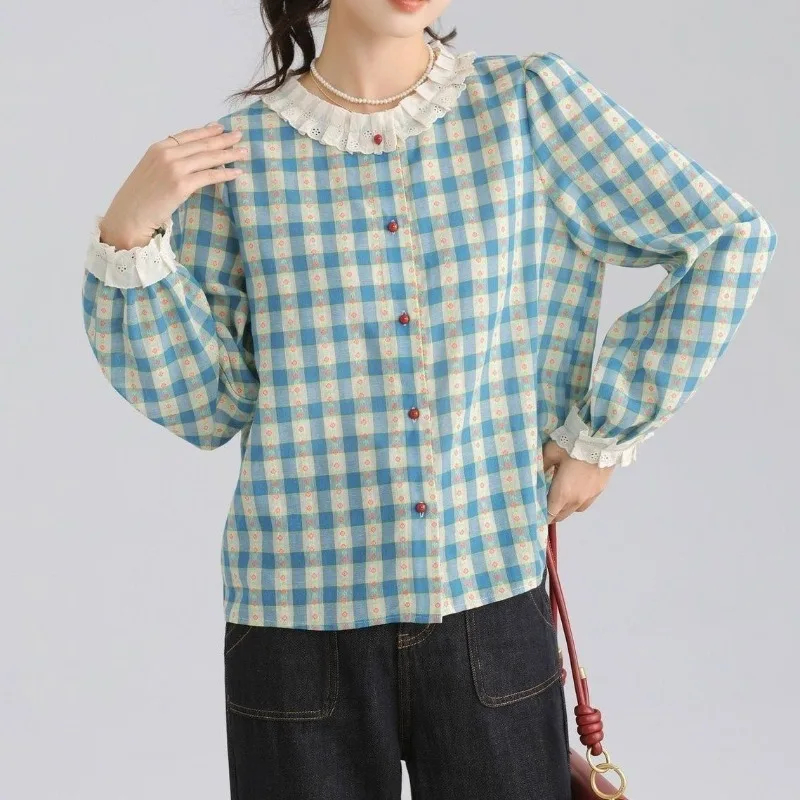 Vintage Blau Plaid Laterne Hülse Shirts Frauen 2025, Herbst Gespleißt Spitze Rundhals Button Up Tops Mode Süße Bluse