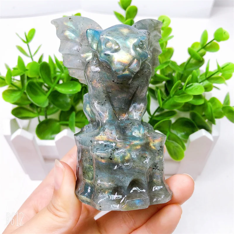 Natural Labradorite Crystal Gargoyle, Hand Carved Polished Quartz Statue, Healing Gemstones, Crafts for Home Decorations, 1Pc