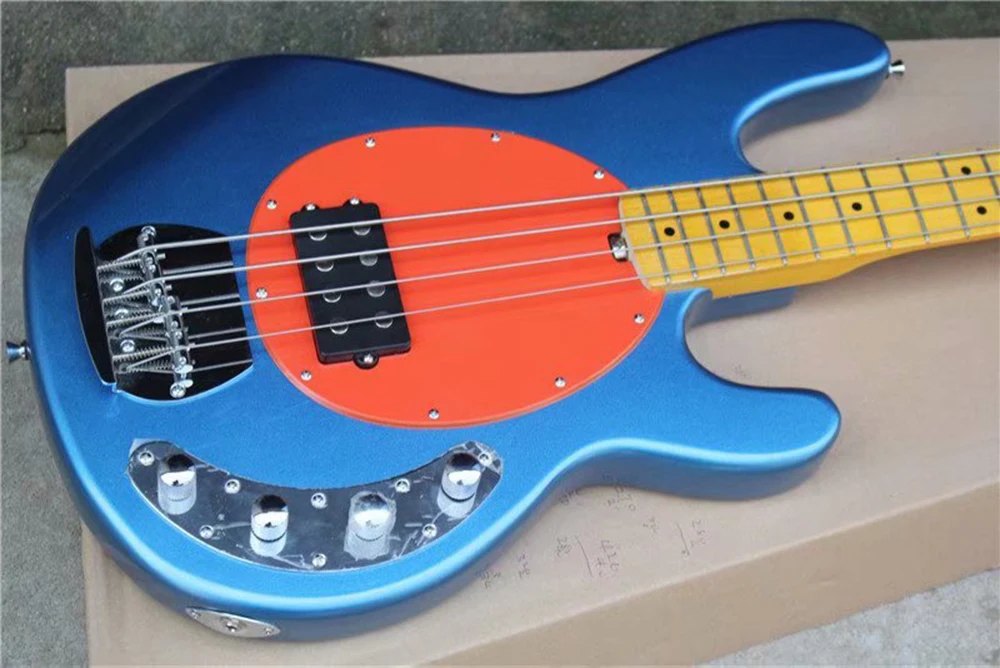 4 Strings Metal Blue Active Electric Bass Guitar with Yellow Maple Fretboard,Orange Pickguard