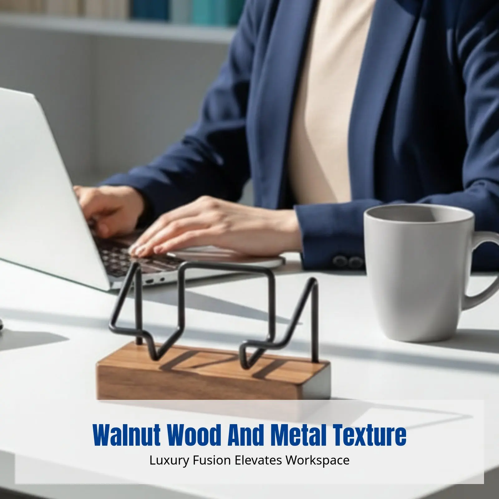 Walnut Business Card Holder, Metal Stand, Modern Minimalist Desktop Organizer, Office Reception Display
