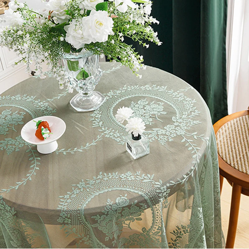 Wihte Romantic Jacquard Lace Tablecloth Wedding/Party Table Decorations Green Vintage Ruffles Round Table Overlays Dust Proof