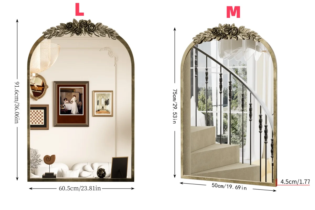 LUVODI Arched Wall Mirror Antique Brass Metal Frame Mirror with Resin Rose Pattern for Entryway Fireplace Living Room Decor